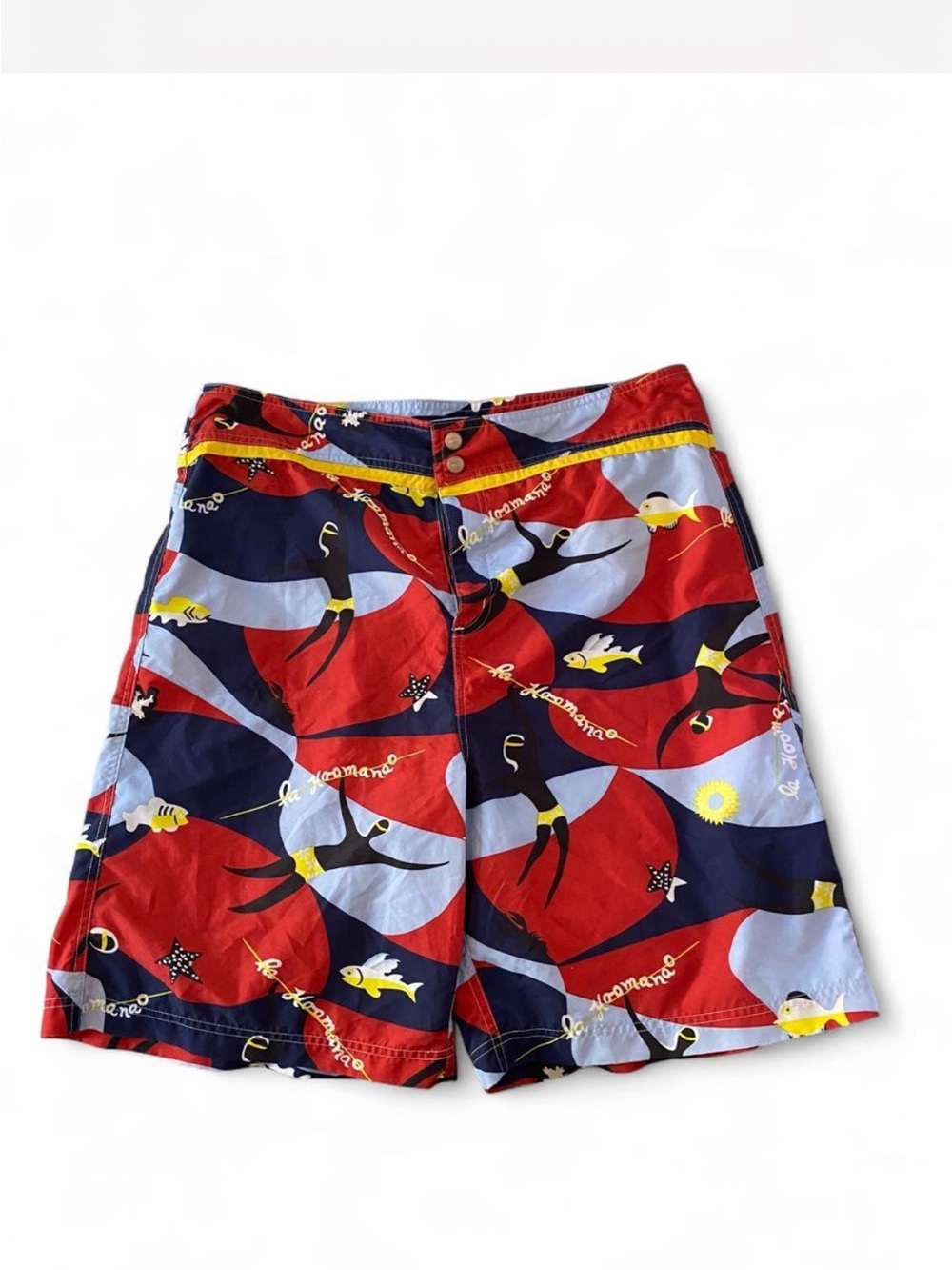 Red, Navy & Light Blue Graphic Swim Trunks